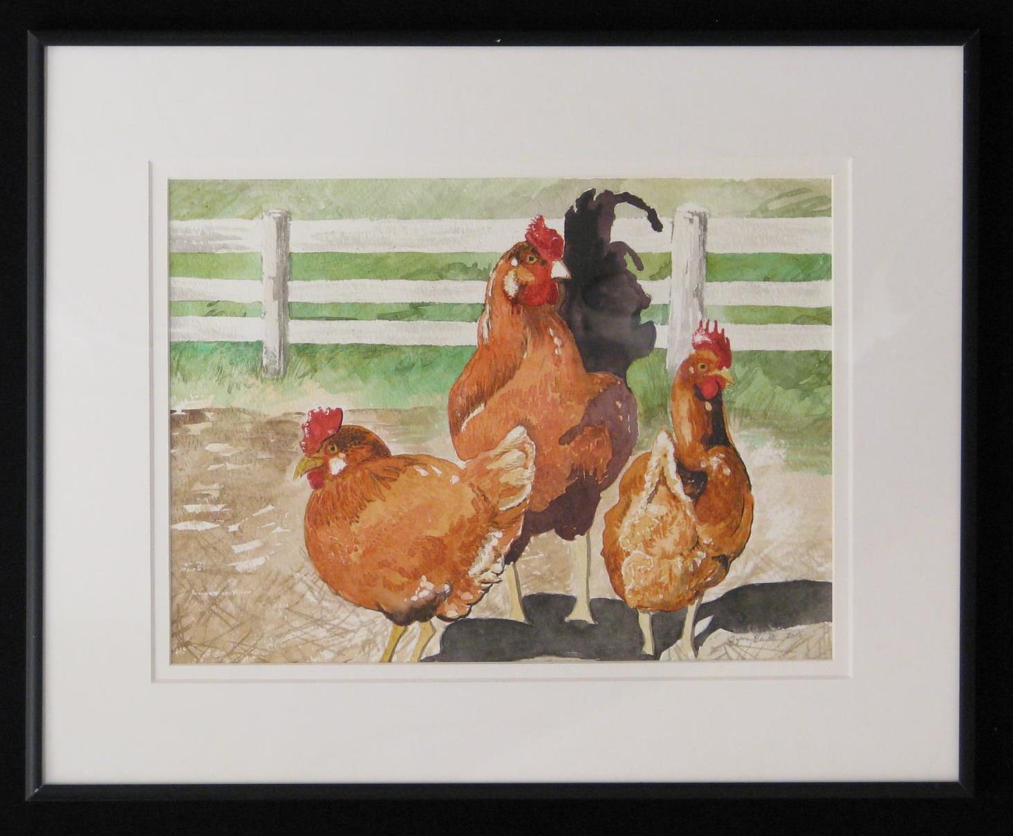 Chickens, original watercolor by Sylvia Beuhler of the Blue Mountain Artist Guild, Dayton, WA, showing at the Wenaha Gallery.