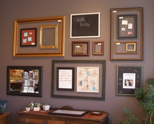 A wall of ready-made frames is an art statement in itself at Wenaha Gallery, Dayton, WA.