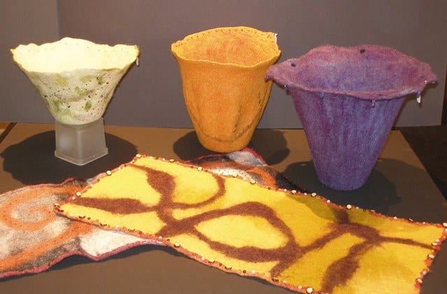 Felted wool vessels and table runners by Sally Reichlin of Olympia