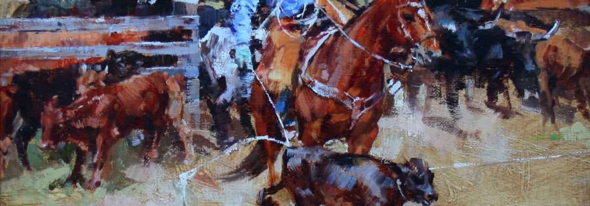 Cowboy on horse roping calf by Sonya Glaus