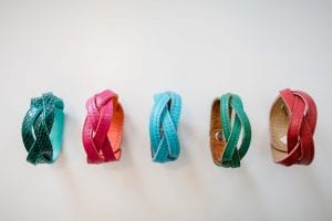 colorful bracelets by bellingham leather artist shelby sneva inspired by nanna