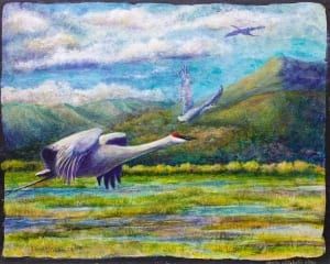 open meadow bird flying batik watercolor painting denise elizabeth stone