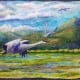 open meadow bird flying batik watercolor painting denise elizabeth stone