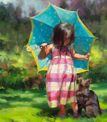 teal umbrella child country girl cat show kindness steve henderson art