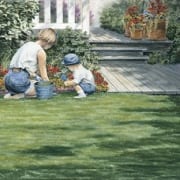 mother child gardening teaching family mike capser art print